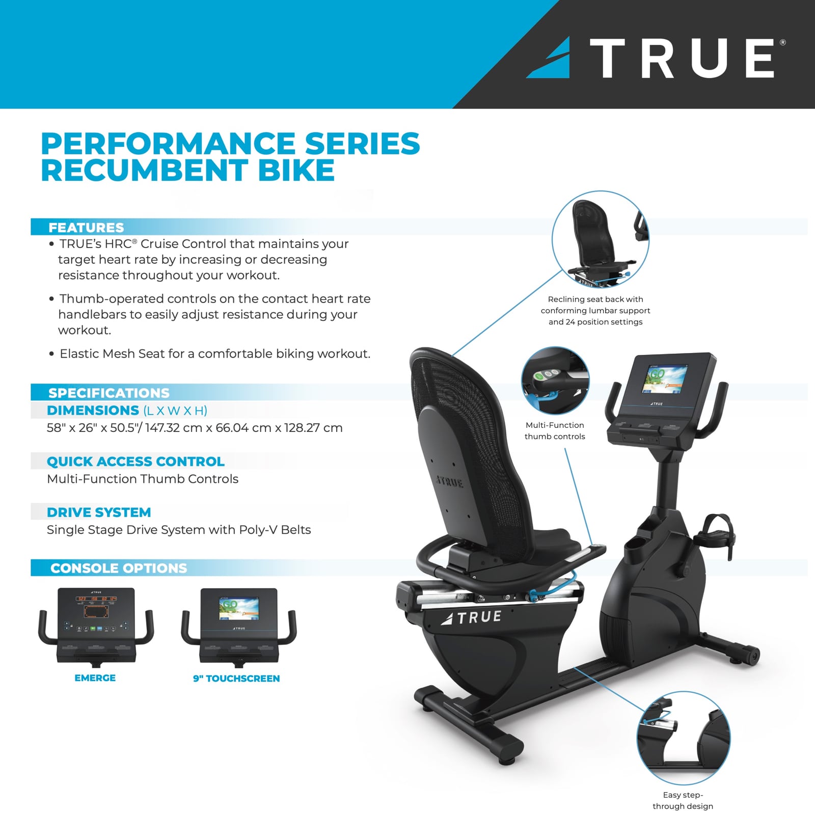 TRUE Fitness Performance Recumbent Bike with Emerge Console